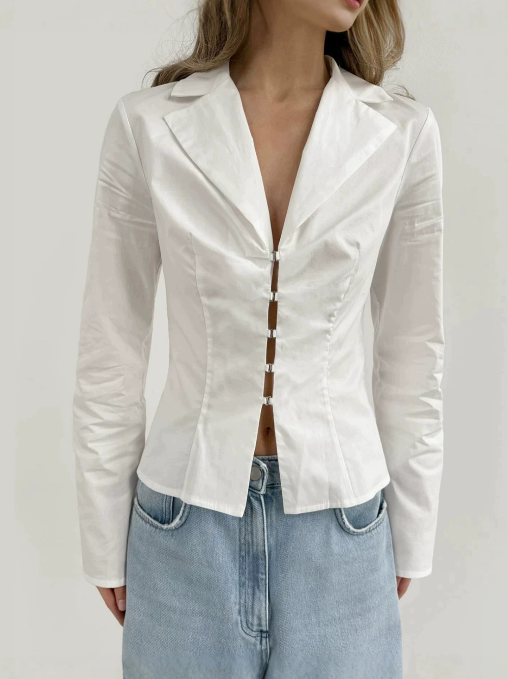 Forever 21 White Cotton Fitted Blouse Notched Collar Fall Work